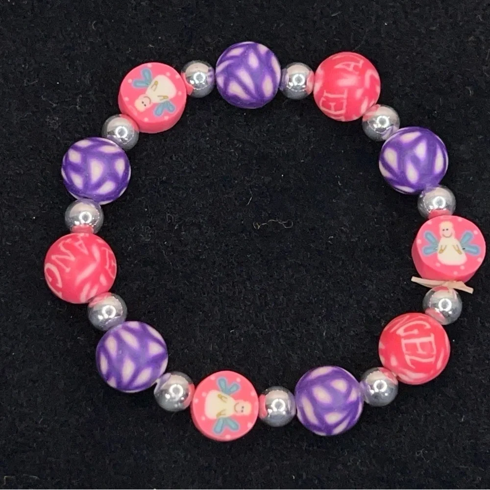 Vintage 90s Children’s Bracelet Neon Pink Angel Image Purple Accent 6” Length
